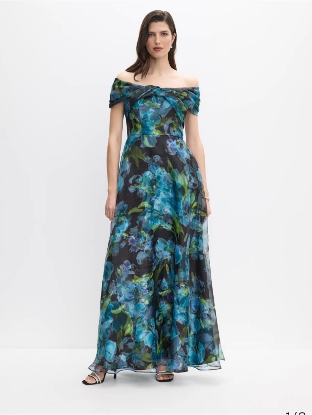 Off-Shoulder Blue Floral Evening Gown
